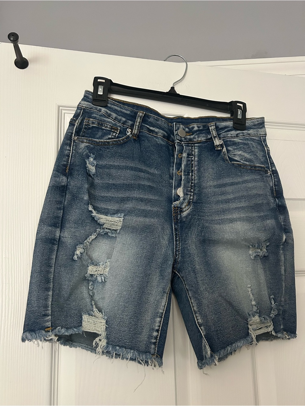 High-Rise Distressed Denim Jean Shorts - Blue